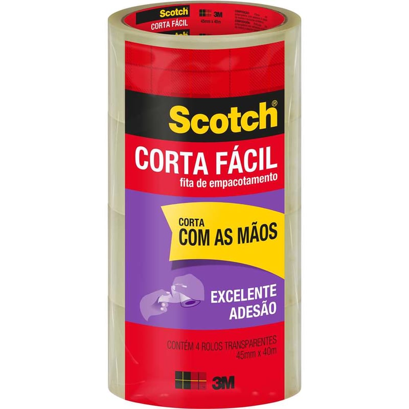 Fita adesiva corta fácil, 45 mm x 40 m, transparente, embalagem com 4 rolos, HB004031207