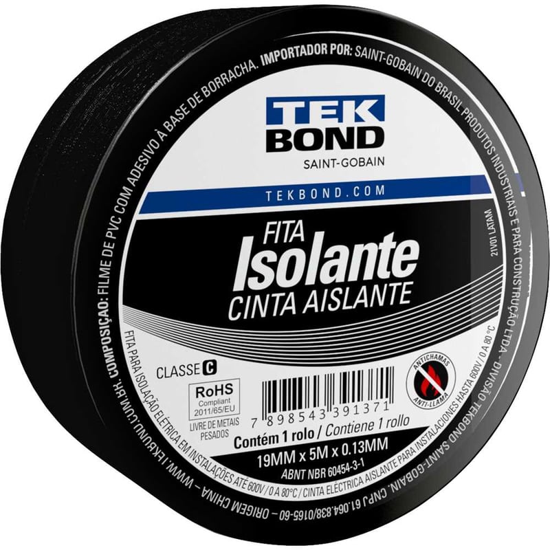 Fita isolante, 19,0 mm x 5 m, preta