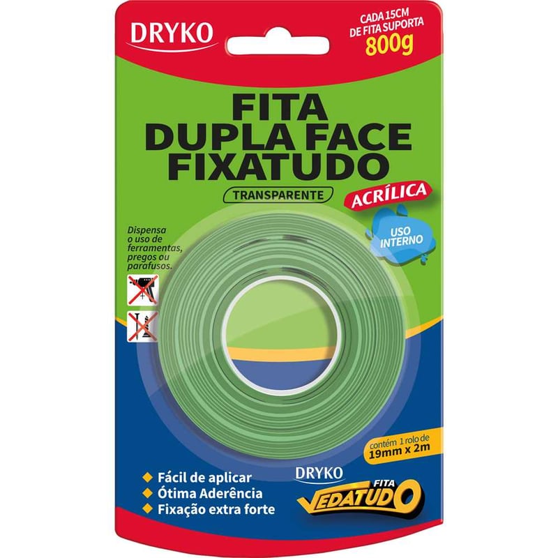 Fita dupla face acrílica, transparente, 19 mm x 2 m