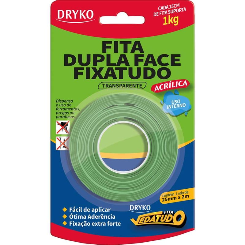 Fita dupla face acrílica, transparente, 25 mm x 2 m