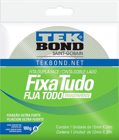 Fita dupla face acrílica, 12 mm x 20 m, uso interno, fixa tudo, TEK BOND