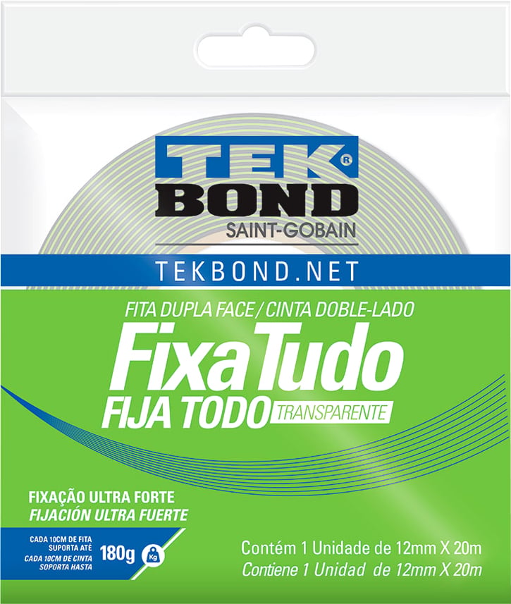 Fita dupla face acrílica, 12 mm x 20 m, uso interno, fixa tudo, TEK BOND
