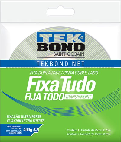 Fita dupla face acrílica, 25 mm x 20 m, uso interno, fixa tudo, TEK BOND