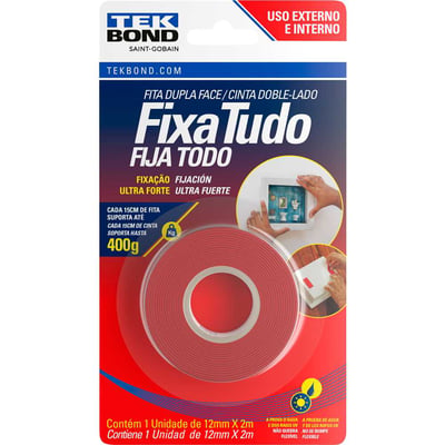 Fita dupla face acrílica, 12 mm x 2 m, uso externo, fixa tudo, TEK BOND