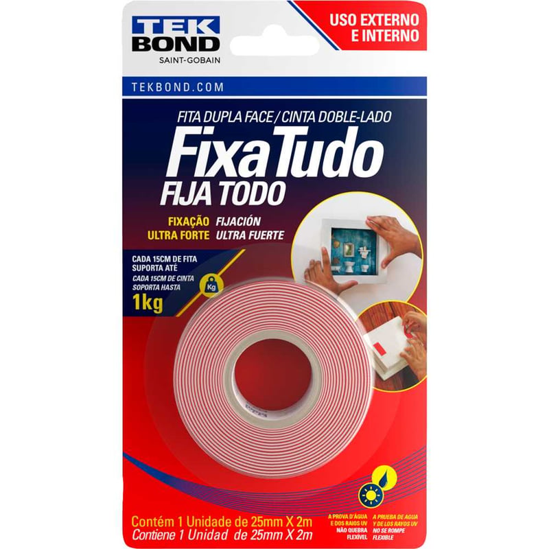 Fita dupla face acrílica, 25 mm x 2 m, uso externo, fixa tudo, TEK BOND