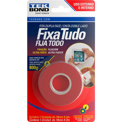 Fita dupla face acrílica, 19 mm x 2 m, uso externo, fixa tudo, TEK BOND