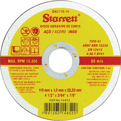 Disco de corte 115 mm x 1 mm x 22,23 mm