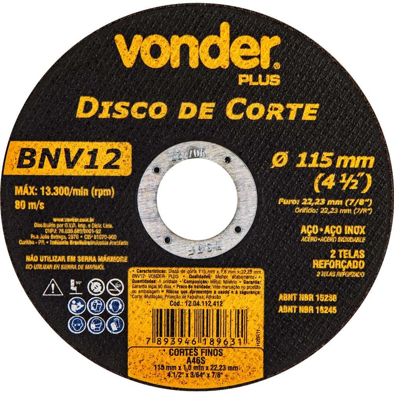 Disco de corte 115 mm x 1 mm x 22,23 mm BNV12, VONDER PLUS