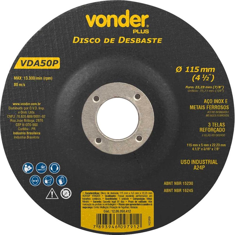 Disco de desbaste 115,0 mm x 5,0 mm x 22,23 mm, VDA 50P, VONDER PLUS
