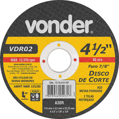 Disco de corte 115 mm x 3 mm x 22,23 mm VDR02