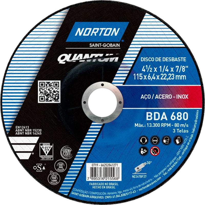 Disco de desbaste 115 mm x 6,4 mm x 22,23 mm, para aço e inox, Quantum