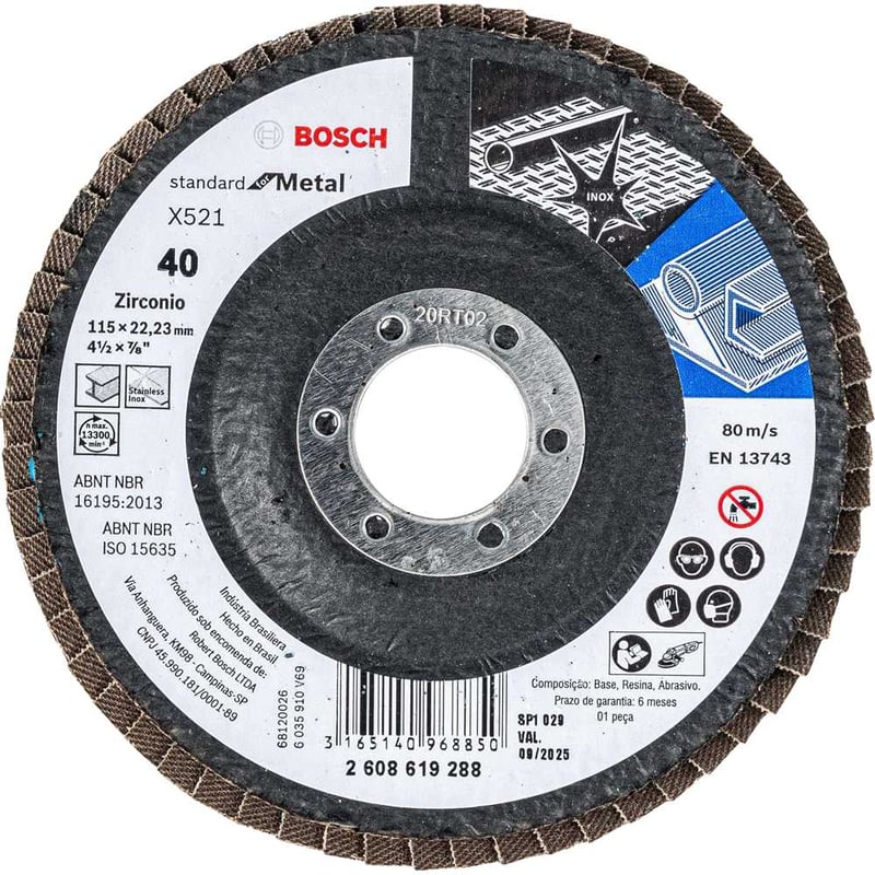 Flap-disc, disco de desbaste/acabamento, 4.1/2" (115 mm), curvo, grão 40, 2 608 619 288