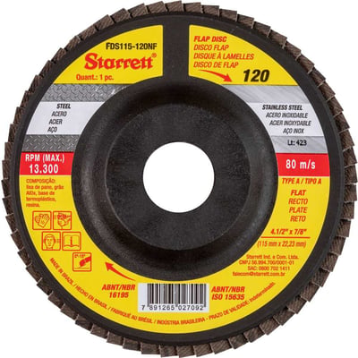 Flap-disc, disco de desbaste/acabamento, 4.1/2" - 115 mm, reto tipo A, G 120