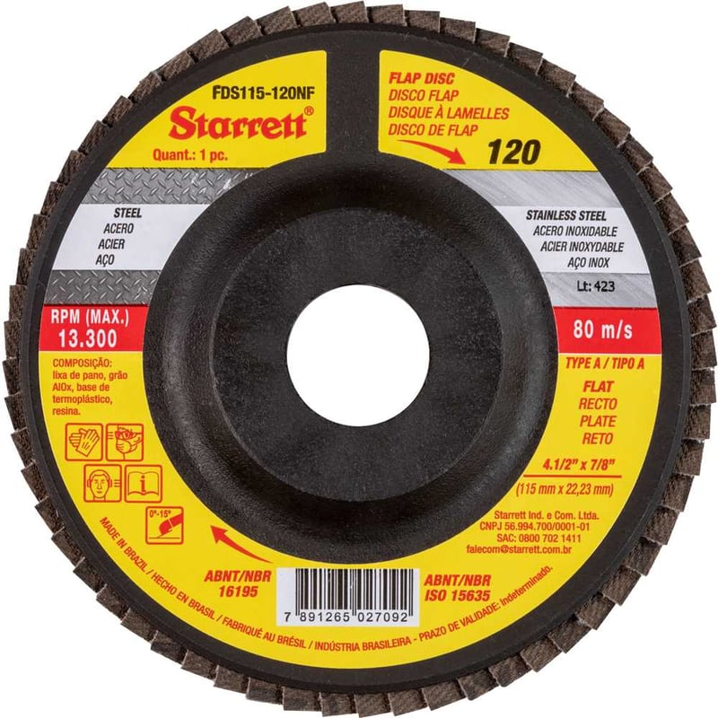 Flap-disc, disco de desbaste/acabamento, 4.1/2" - 115 mm, reto tipo A, G 120