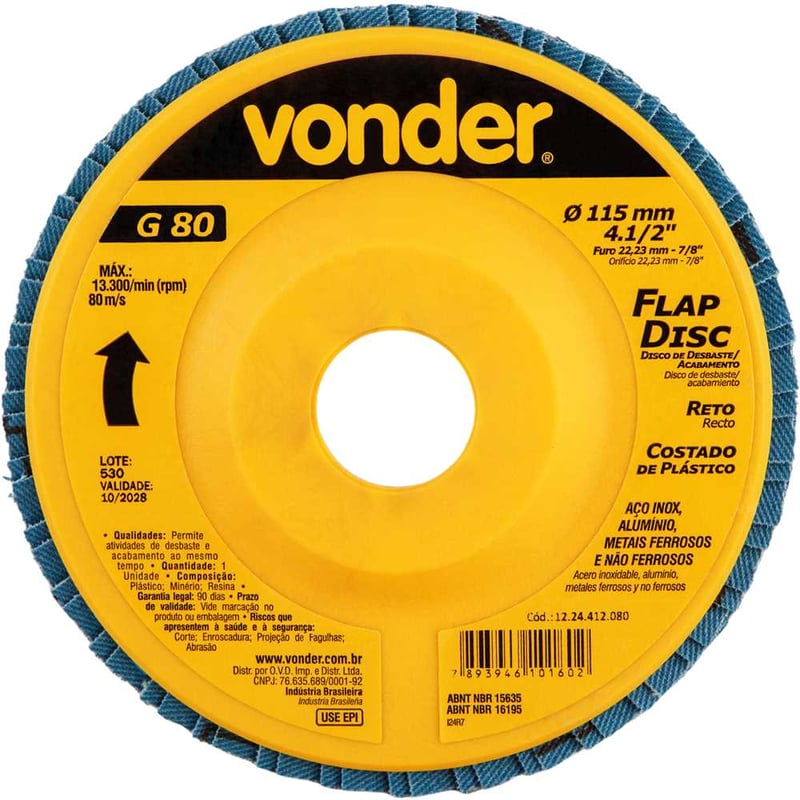 Flap-disc, disco de desbaste/acabamento, 4.1/2" - 115 mm, reto, grão 80