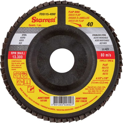 Flap-disc, disco de desbaste/acabamento, 4.1/2" - 115 mm, reto tipo A, G 40