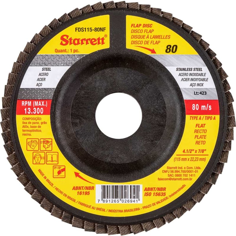 Flap-disc, disco de desbaste/acabamento, 4.1/2" - 115 mm, reto tipo A, G 80