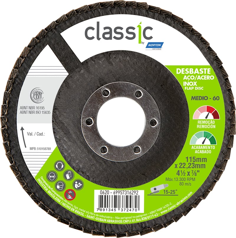 Flap-disc, disco de desbaste/acabamento, 4.1/2" - 115 mm, cônico, classic, grão 60