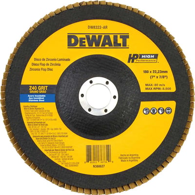 Flap-disc, disco de desbaste/acabamento, 7" - 180 mm, grão 40, zircônia, base de fibra cônica, DW8322-BR