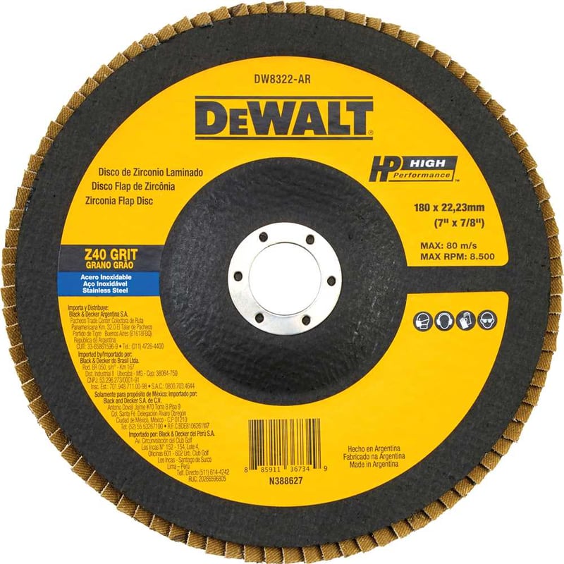 Flap-disc, disco de desbaste/acabamento, 7" - 180 mm, grão 40, zircônia, base de fibra cônica, DW8322-BR
