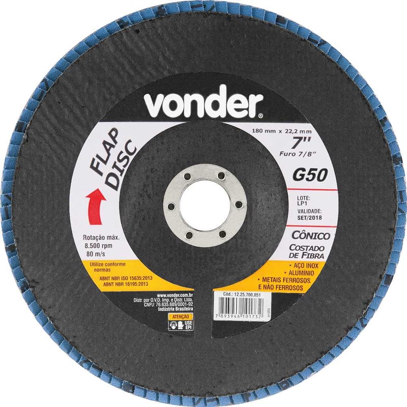 Flap-disc, disco de desbaste/acabamento, 7" - 180 mm, cônico, grão 50