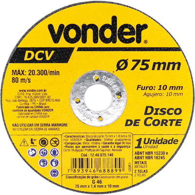 Disco de corte 75 mm x 1,4 mm x 10 mm