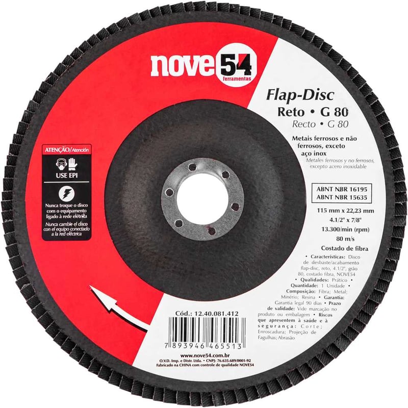 Flap-disc, disco de desbaste/acabamento, 4.1/2" - 115 mm, reto, grão 80
