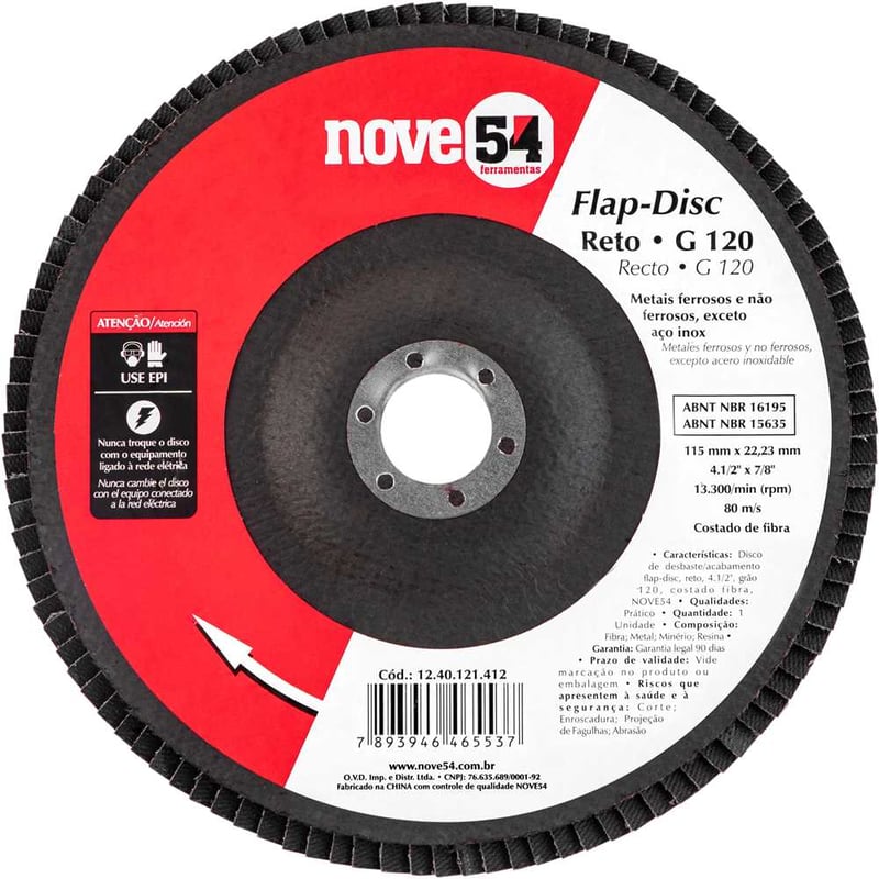 Flap-disc, disco de desbaste/acabamento, 4.1/2" - 115 mm, reto, grão 120