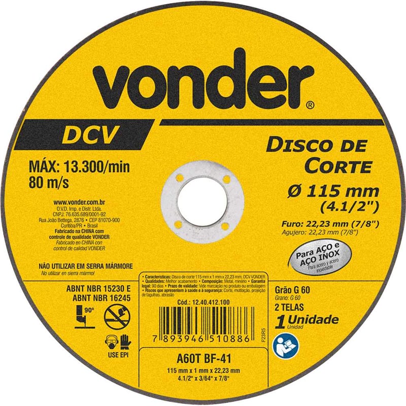 Disco de corte 115 mm x 1 mm x 22,23 mm