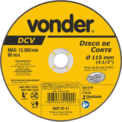 Disco de corte 115 mm x 1,6 mm x 22,23 mm