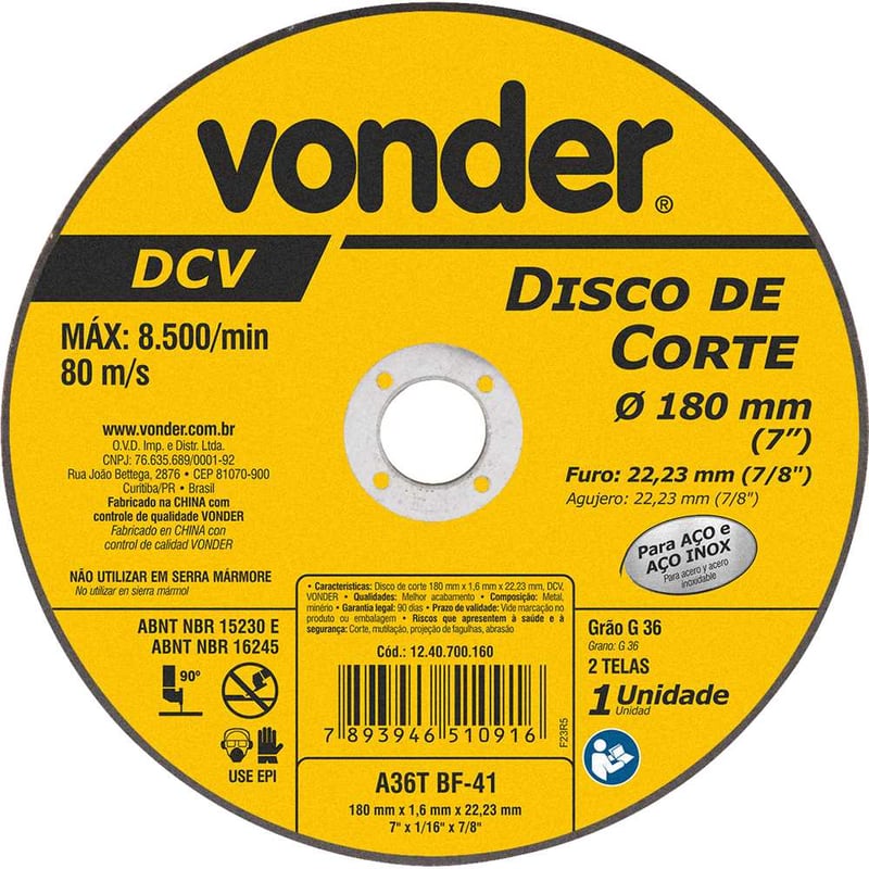 Disco de corte 180 mm x 1,6 mm x 22,23 mm