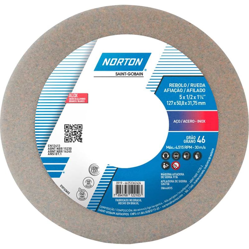 Rebolo copo reto 127 mm x 50,8 mm x 31,8 mm, 38A, grão 46