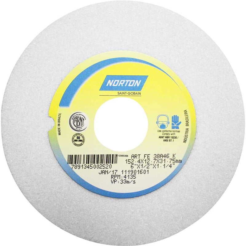 Rebolo reto 6" x 1/2" 38A, grão 46, branco