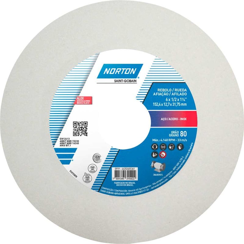 Rebolo reto 6" x 1/2" 38A, grão 80, branco