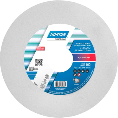 Rebolo reto 6" x 1/4" 38A, grão 100, branco