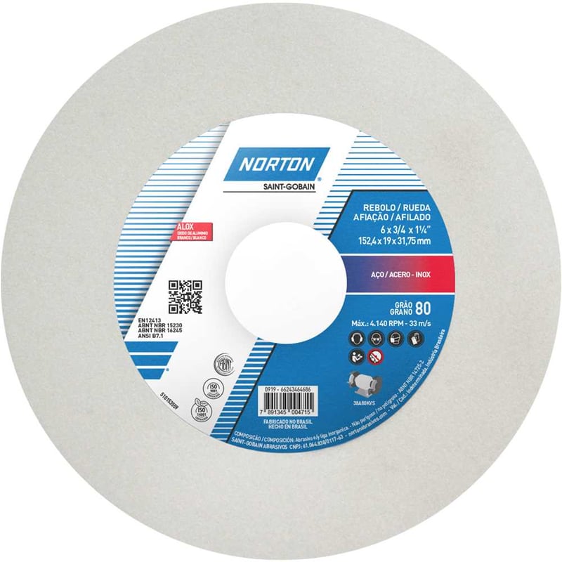 Rebolo reto 6" x 3/4" 38A grão 80 branco