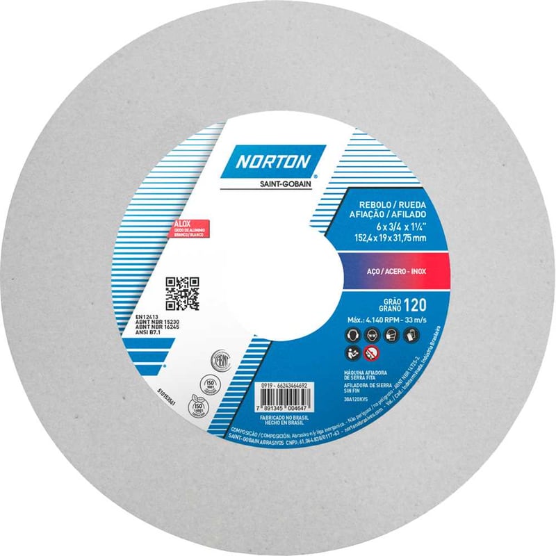 Rebolo reto 6" x 3/4" 38A, grão 120, branco