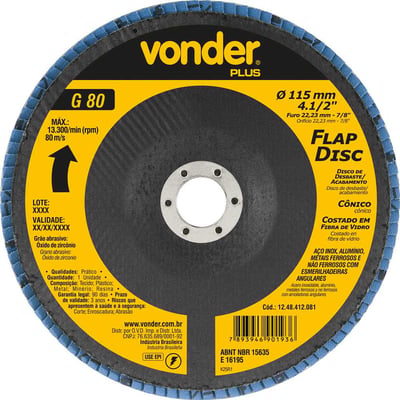 Flap-disc, disco de desbaste/acabamento, 4.1/2" - 115 mm, cônico, grão 80, VONDER PLUS
