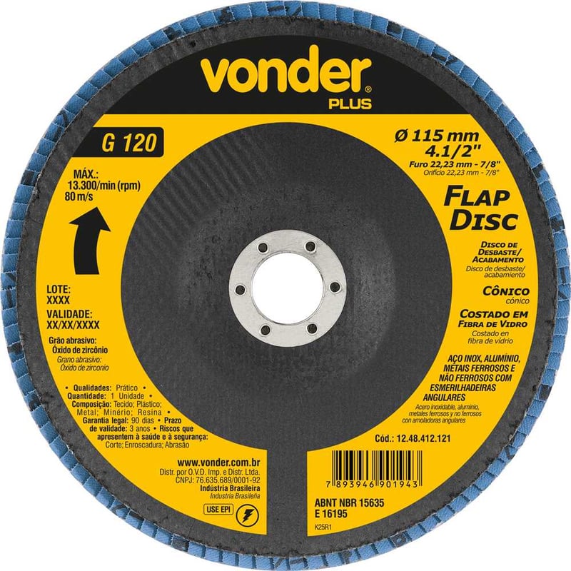 Flap-disc, disco de desbaste/acabamento, 4.1/2" - 115 mm, cônico, grão 120, VONDER PLUS