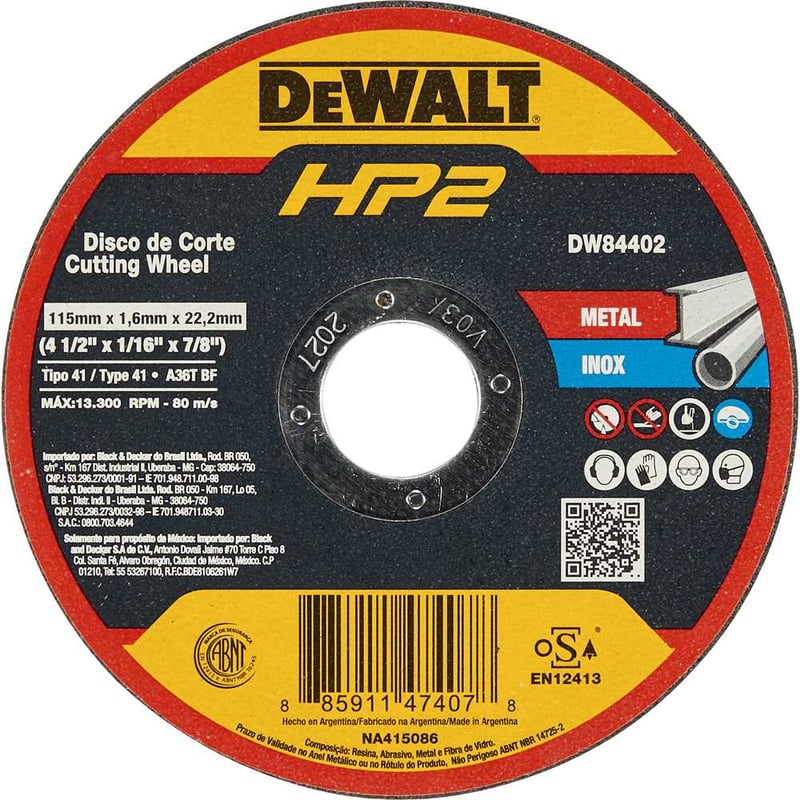 Disco de corte 115 mm x 1,6 mm x 22,23 mm, DW84402 HP2
