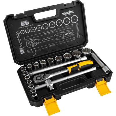 Jogo de soquetes estriados, encaixe 1/2", 10 mm a 32 mm, com 18 peças