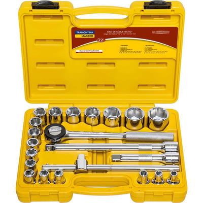 Jogo de soquetes sextavados com encaixe de 1/2", 8,0 mm a 32,0 mm, com 22 peças, 43610/022, TRAMONTINA