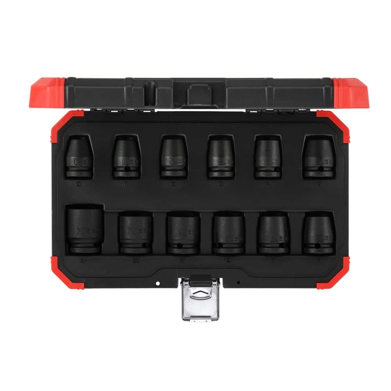 Jogo de soquetes de impacto sextavados, encaixe de 1/2", 10,0 mm a 24,0 mm, com 12 peças, R63003012