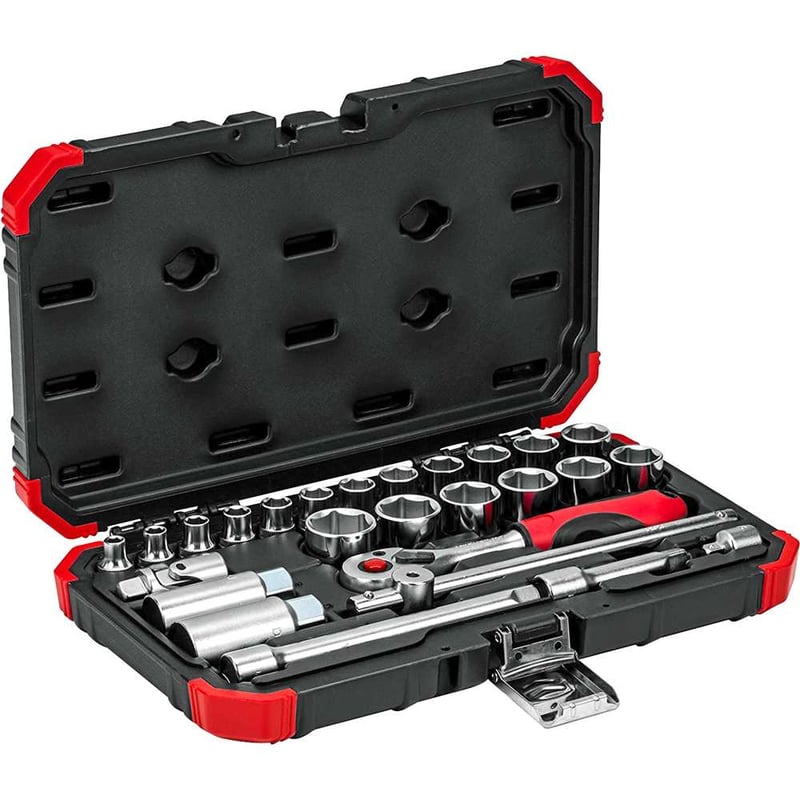Jogo de soquetes sextavados e acessórios, encaixe de 3/8", 6,0 mm a 24,0 mm, com 26 peças, R59003026