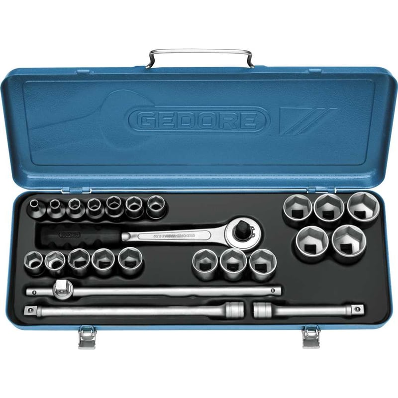 Jogo de soquetes sextavados e acessórios, encaixe de 1/2", 10,0 mm a 32,0 mm, com 24 peças, 015.512