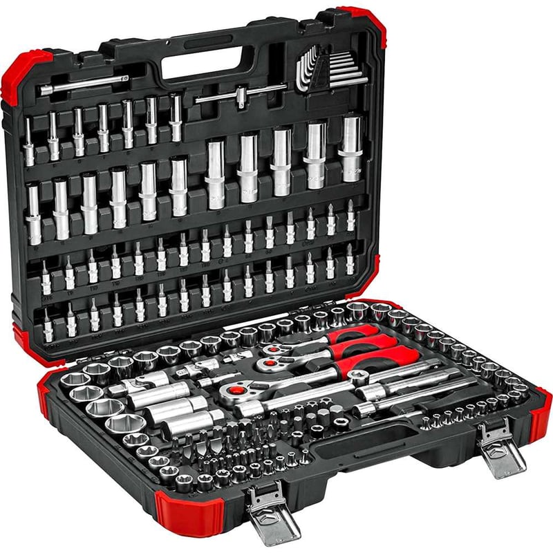 Jogo de soquetes sextavados e acessórios, encaixe de 1/4", 3/8" e 1/2", 10,0 mm a 32,0 mm, com 172 peças, R45603172