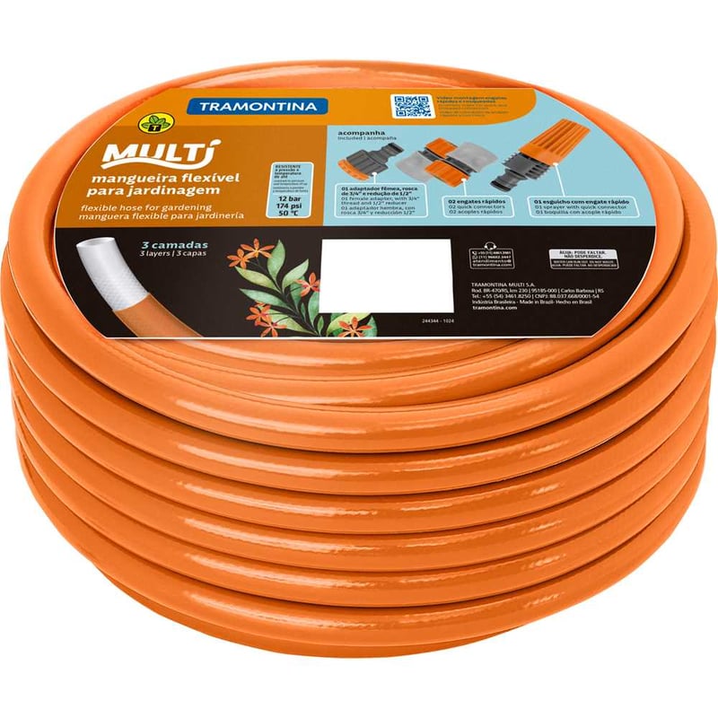 Mangueira PVC para jardim, 1/2" x 15 m, com esguicho e engates rápidos