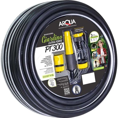 Mangueira 1/2" x 2,7 mm x 20 m, PVC com poliéster, preta, com esguicho e conector, Giardino Extra Forte PT 300, 14146