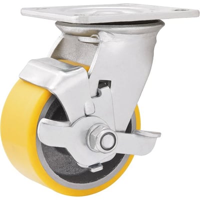 Rodízio giratório 6", de poliuretano e ferro fundido, amarelo, com freio