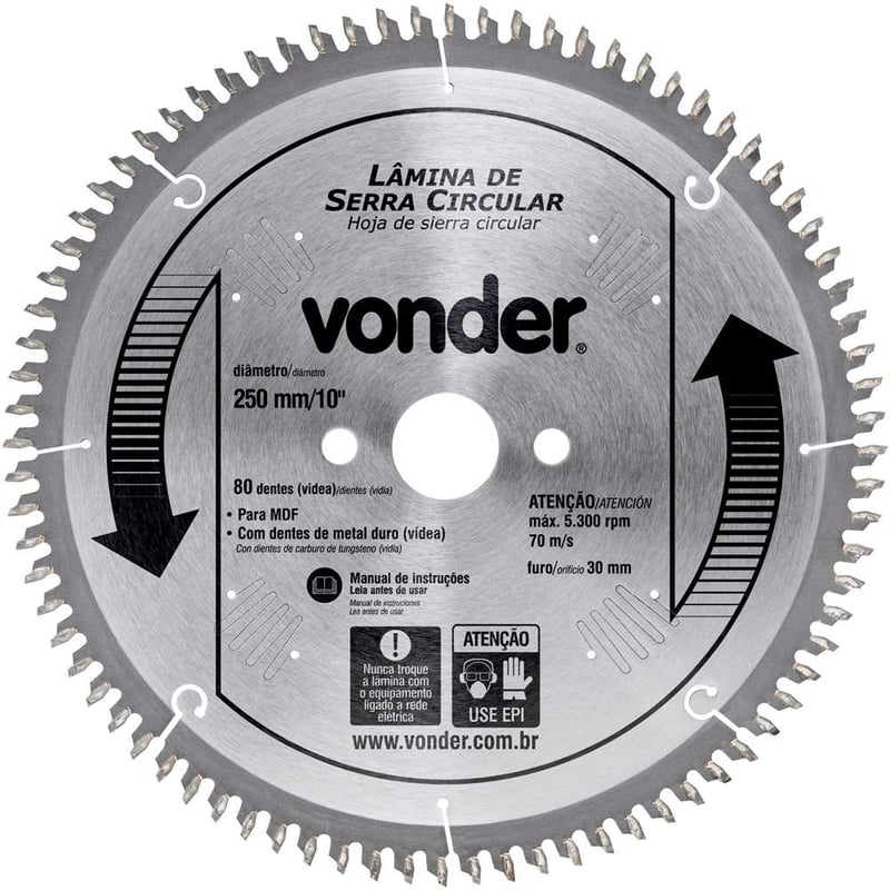 Lâmina de serra circular com dentes de metal duro, 250 mm x 30 mm, com 80 dentes, para MDF